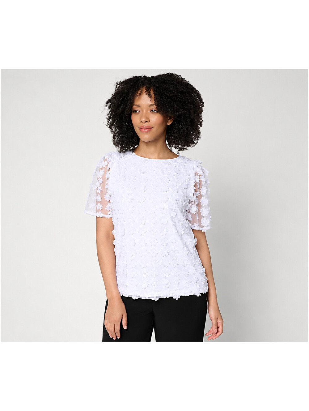 Dennis Basso Knit Top with Floral Mesh Overlay White, Size 2X